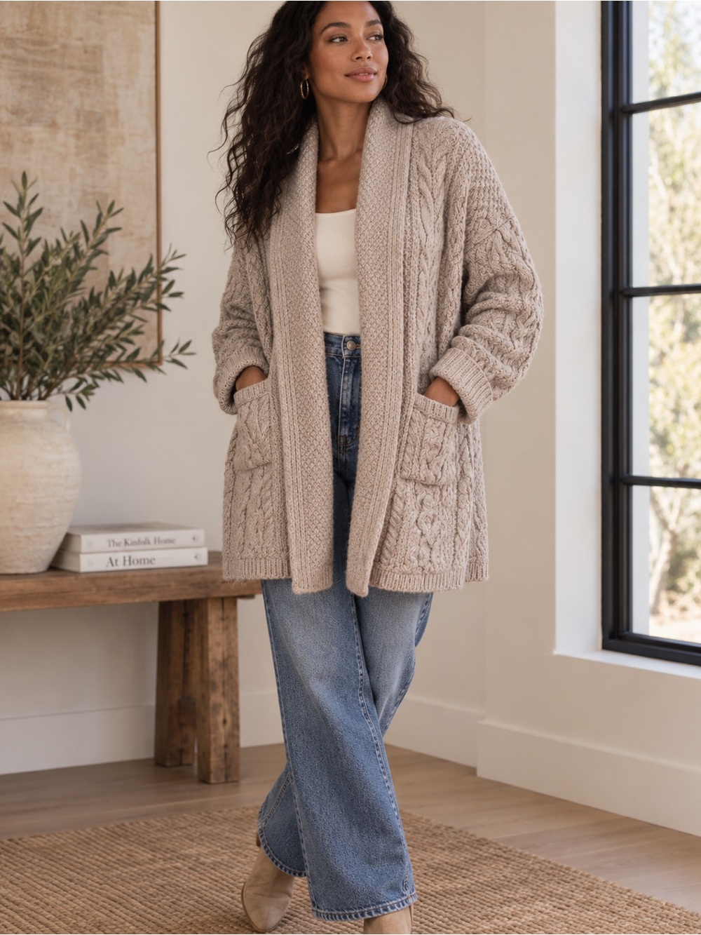 Aran Crafts Ireland 100% Merino Wool Cable Knit Open Cardigan Sweater M